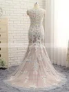 Trumpet/Mermaid V-neck Tulle Sweep Train Appliques Lace Prom Dresses #UKM020105517