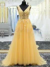 Princess V-neck Tulle Sweep Train Appliques Lace Prom Dresses #UKM020105560