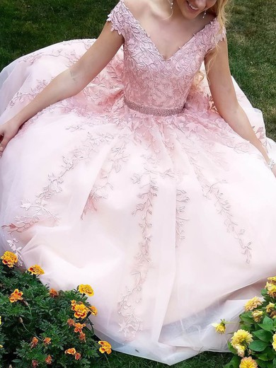 Princess V-neck Tulle Floor-length Beading Prom Dresses #UKM020105561