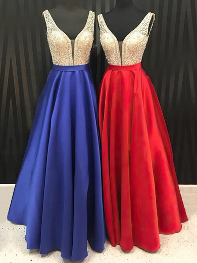 Ball Gown V-neck Backless Satin Prom Dresses With Beading #UKM020105562