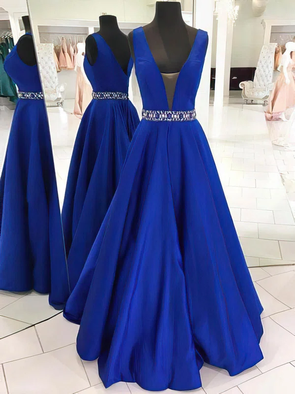 Princess V-neck Satin Floor-length Beading Prom Dresses #UKM020105569