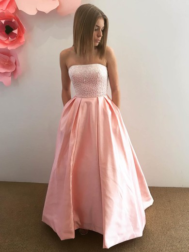 Princess Strapless Satin Floor-length Beading Prom Dresses #UKM020105574
