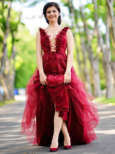 Princess V-neck Tulle Sweep Train Appliques Lace Prom Dresses #UKM020105578