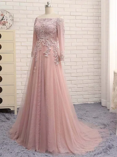 Ball Gown Off-the-shoulder Lace Tulle Cut Out Prom Dresses With Appliques #UKM020105584