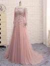 Princess Off-the-shoulder Lace Tulle Sweep Train Appliques Lace Prom Dresses #UKM020105584