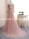 Princess Off-the-shoulder Lace Tulle Sweep Train Appliques Lace Prom Dresses #UKM020105584