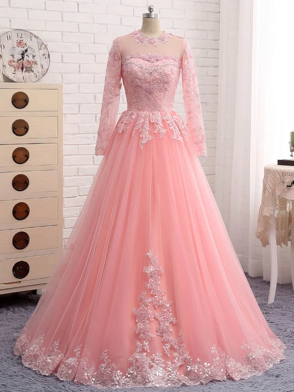 Princess Scoop Neck Tulle Floor-length Beading Prom Dresses #UKM020105585