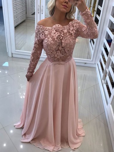 A-line Off-the-shoulder Chiffon Floor-length Appliques Lace Prom Dresses #UKM020105588