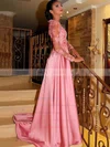 A-line Scoop Neck Satin Tulle Sweep Train Appliques Lace Prom Dresses #UKM020105622