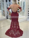 Trumpet/Mermaid Scoop Neck Lace Tulle Sweep Train Appliques Lace Prom Dresses #UKM020105635