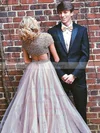 Princess V-neck Organza Tulle Sweep Train Beading Prom Dresses #UKM020105640
