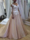 Ball Gown Scoop Neck Satin Tulle Sweep Train Appliques Lace Prom Dresses #UKM020105643