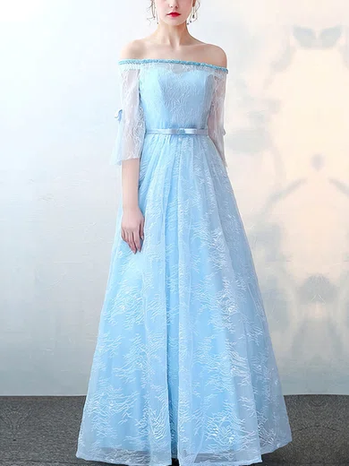 A-line Off-the-shoulder Lace Floor-length Sashes / Ribbons Prom Dresses #UKM020105647