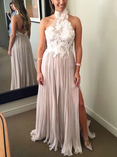 A-line Halter Chiffon Sweep Train Appliques Lace Prom Dresses #UKM020105652
