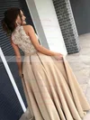 A-line High Neck Satin Tulle Sweep Train Appliques Lace Prom Dresses #UKM020105682