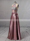 A-line High Neck Satin Floor-length Appliques Lace Prom Dresses #UKM020105685