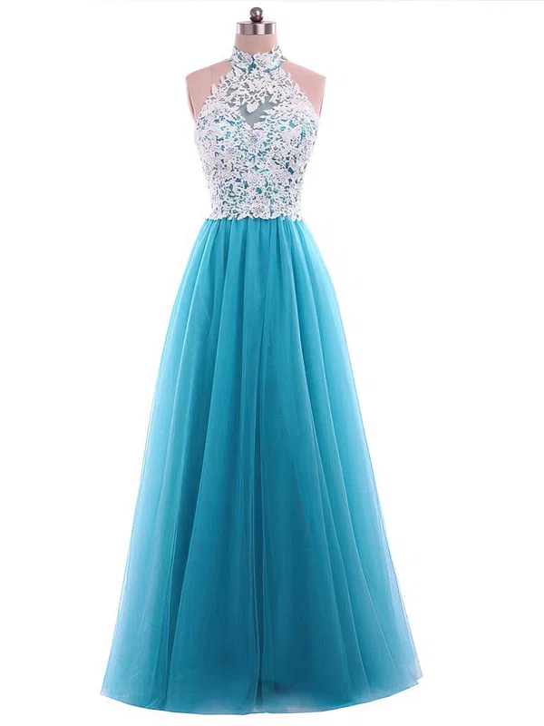 A-line High Neck Tulle Floor-length Sequins Prom Dresses #UKM020105687
