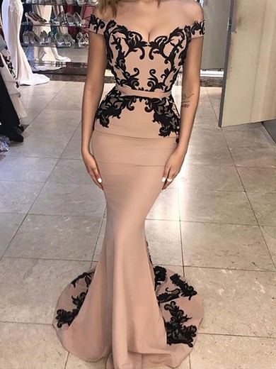 Trumpet/Mermaid Off-the-shoulder Silk-like Satin Sweep Train Appliques Lace Prom Dresses #UKM020105719