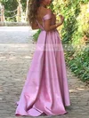 Princess Off-the-shoulder Satin Sweep Train Ruffles Prom Dresses #UKM020105724