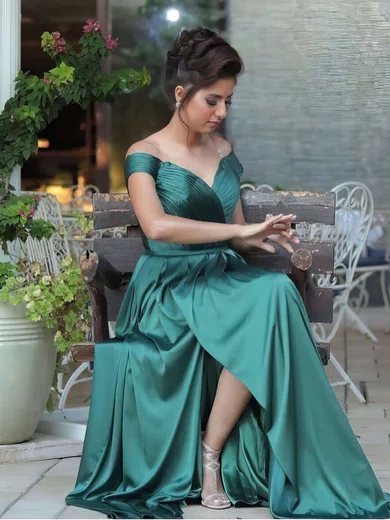 A-line Off-the-shoulder Satin Sweep Train Sashes / Ribbons Prom Dresses #UKM020105734