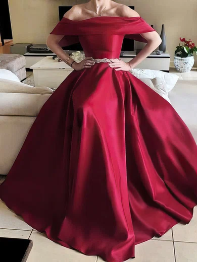 A-line Off-the-shoulder Satin Floor-length Sashes / Ribbons Prom Dresses #UKM020105739