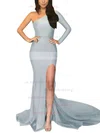 Trumpet/Mermaid One Shoulder Jersey Sweep Train Split Front Prom Dresses #UKM020105746