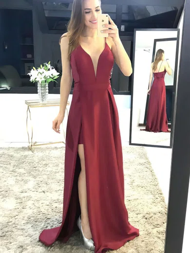 A-line V-neck Satin Sweep Train Split Front Prom Dresses #UKM020105750