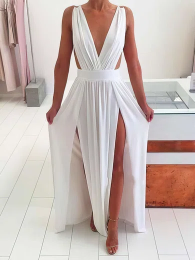 A-line V-neck Chiffon Floor-length Split Front Prom Dresses #UKM020105769