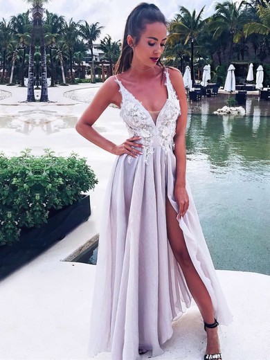A-line V-neck Chiffon Floor-length Appliques Lace Prom Dresses #UKM020105770