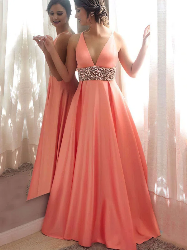 Princess V-neck Satin Floor-length Beading Prom Dresses #UKM020105777