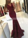 Trumpet/Mermaid V-neck Lace Sweep Train Prom Dresses #UKM020105788