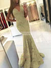 Trumpet/Mermaid V-neck Lace Sweep Train Prom Dresses #UKM020105788