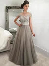 Princess Scoop Neck Tulle Floor-length Beading Prom Dresses #UKM020105566