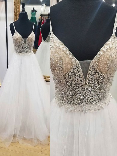 Princess V-neck Tulle Floor-length Beading Prom Dresses #UKM020105571