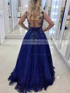 Princess V-neck Tulle Floor-length Appliques Lace Prom Dresses #UKM020105572