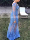 Sheath/Column V-neck Tulle Floor-length Appliques Lace Prom Dresses #UKM020105601