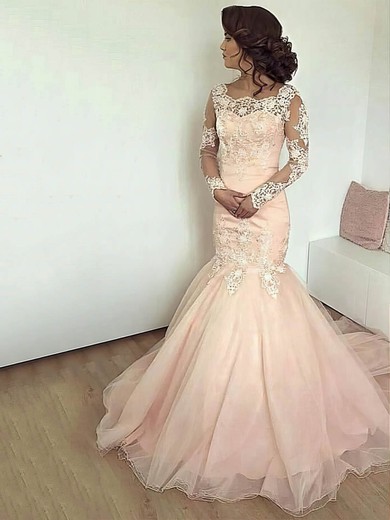 Trumpet/Mermaid Scalloped Neck Tulle Sweep Train Appliques Lace Prom Dresses #UKM020105602