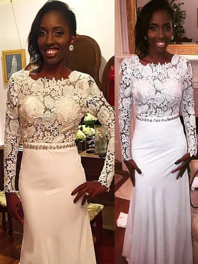 Sheath/Column Scoop Neck Lace Chiffon Sweep Train Beading Prom Dresses #UKM020105607
