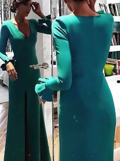 Sheath/Column V-neck Satin Prom Dresses With Long Sleeves #UKM020105627