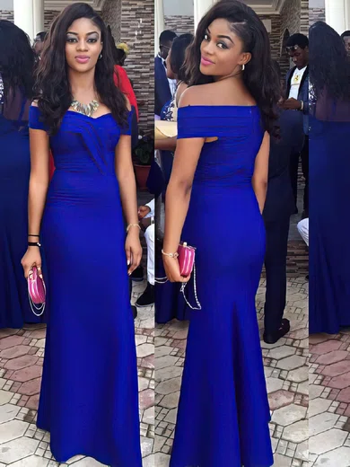 Sheath/Column Off-the-shoulder Silk-like Satin Floor-length Ruffles Prom Dresses #UKM020105715