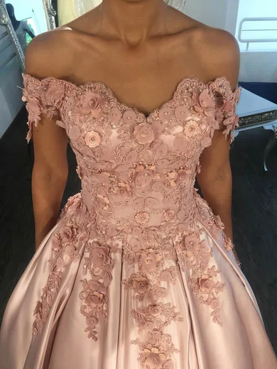Ball Gown Off-the-shoulder Satin 3D Floral Prom Dresses With Appliques #UKM020105721