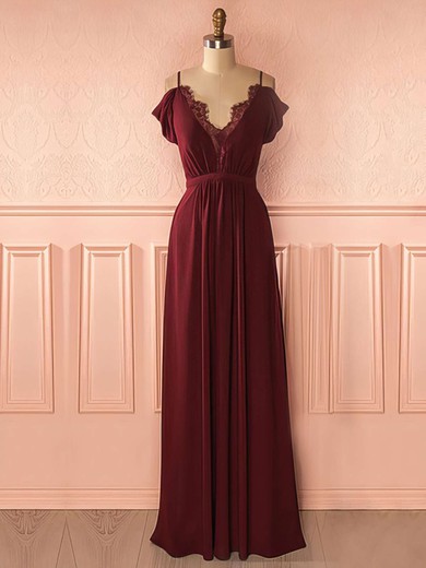 A-line V-neck Chiffon Floor-length Lace Prom Dresses #UKM020105740