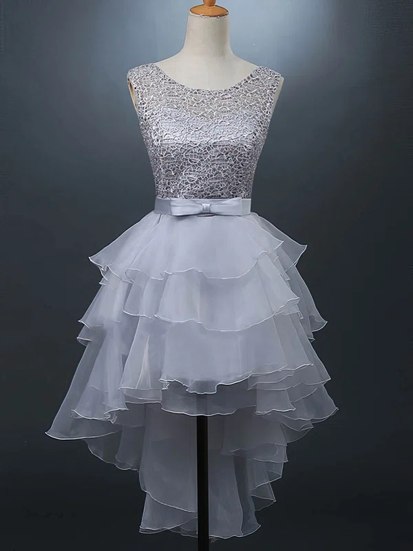 A-line Scoop Neck Organza Tulle Asymmetrical Sashes / Ribbons Short Prom Dresses #UKM020105380