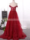 A-line Off-the-shoulder Organza Asymmetrical Appliques Lace Prom Dresses #UKM020105381