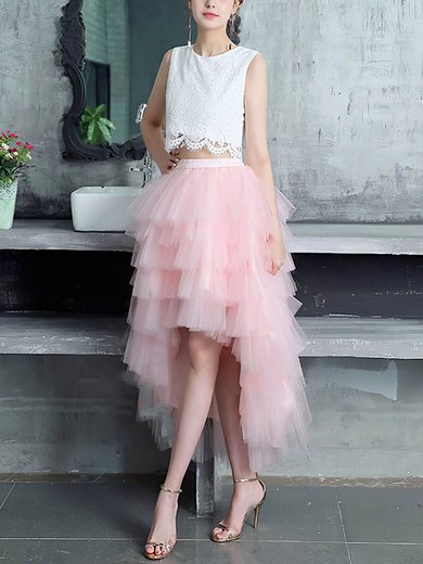 A-line Scoop Neck Lace Tulle Asymmetrical Tiered Prom Dresses #UKM020105394