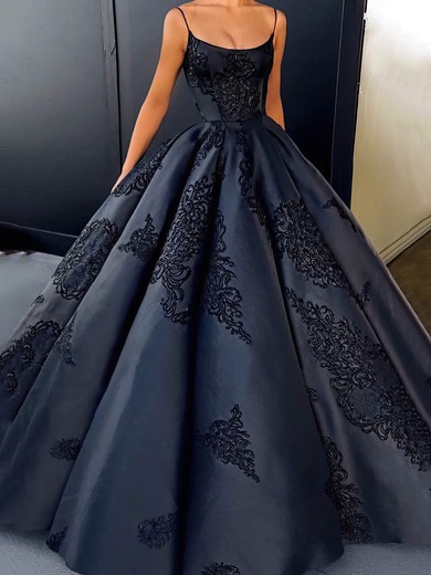 Ball Gown Square Neck Satin Prom Dresses With Appliques #UKM020105423