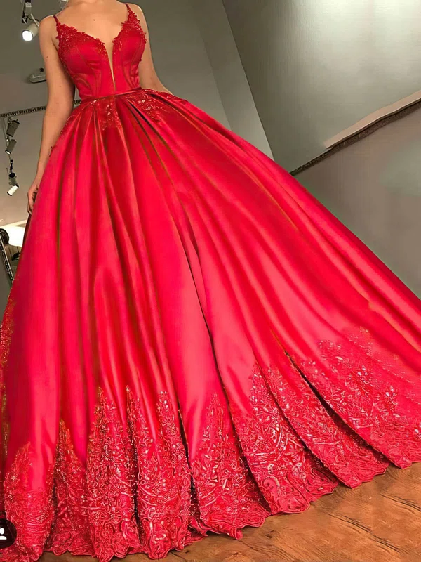 Satin V-neck Ball Gown Court Train Appliques Lace Prom Dresses #UKM020105424