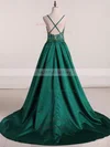 Ball Gown V-neck Satin Sweep Train Beading Prom Dresses #UKM020105427