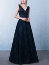 Princess V-neck Lace Floor-length Sashes / Ribbons Prom Dresses #UKM020105792