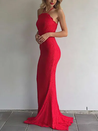Red Sheath/Column Halter Lace Prom Dresses #UKM020105793